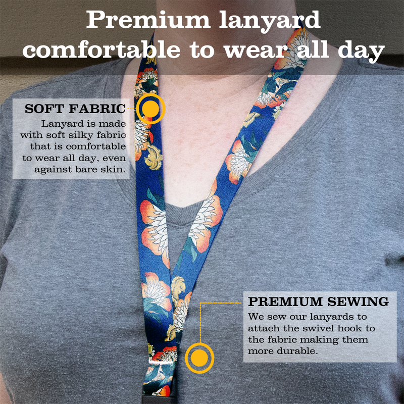 Hokusai Canary and Peony Premium Lanyard - with Buckle and Flat Ring - Made in the USA