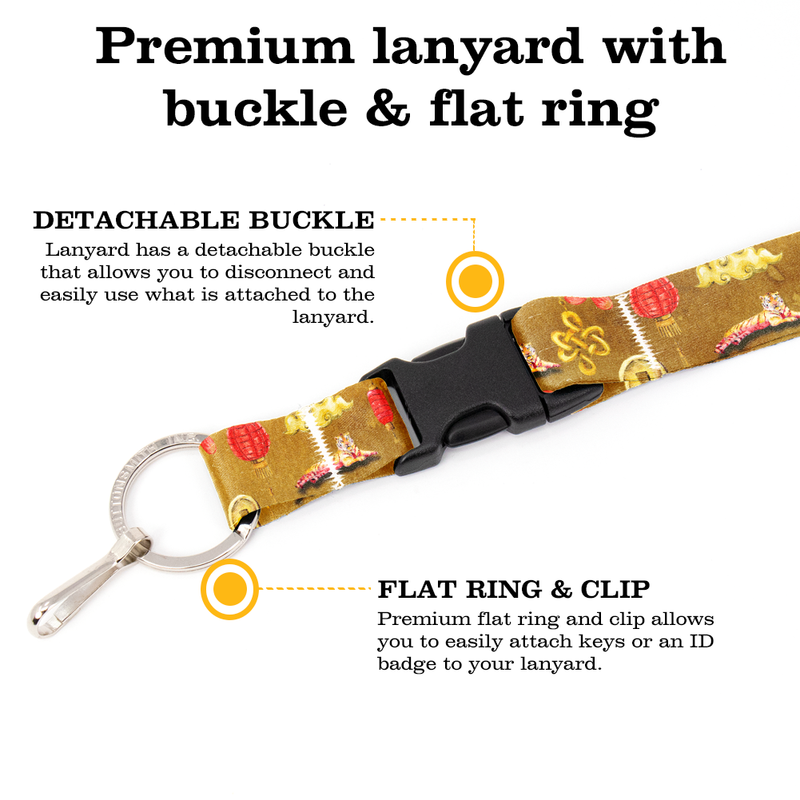Lunar Tiger Zodiac Premium Lanyard - with Buckle and Flat Ring - Made in the USA