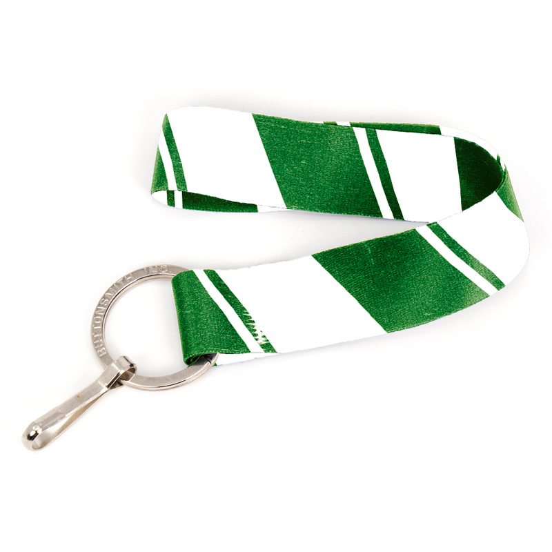 Green White Stripes Wristlet Lanyard - Short Length with Flat Key Ring and Clip - Made in the USA