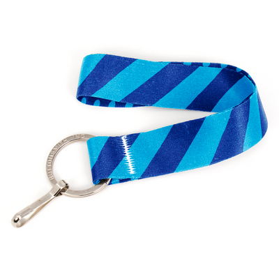 Blue Stripes Wristlet Lanyard - Short Length with Flat Key Ring and Clip - Made in the USA