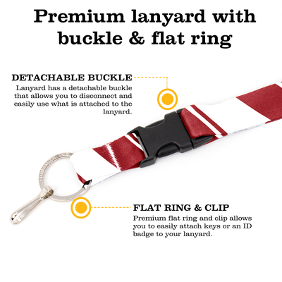 Red White Stripes Premium Lanyard - with Buckle and Flat Ring - Made in the USA