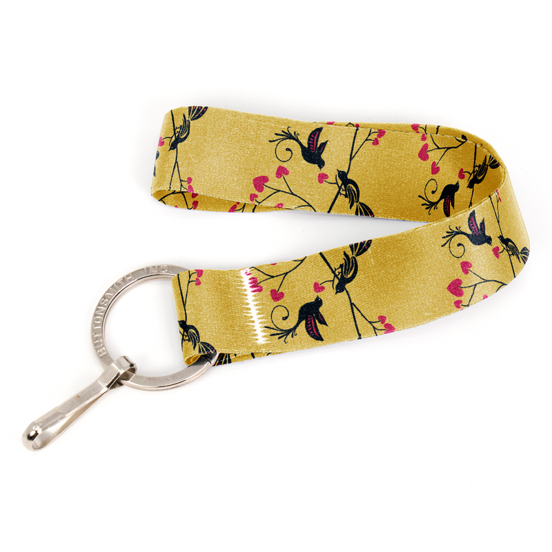 Love Birds Gold Wristlet Lanyard - Short Length with Flat Key Ring and Clip - Made in the USA