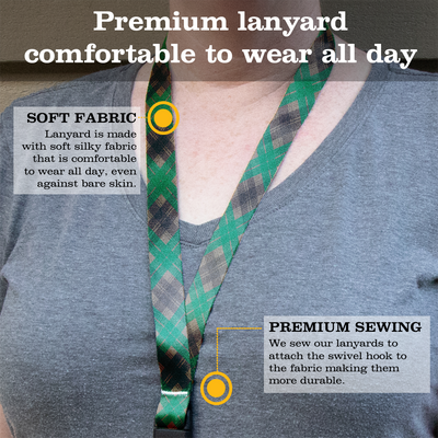 Tyneside Green Plaid Premium Lanyard - with Buckle and Flat Ring - Made in the USA