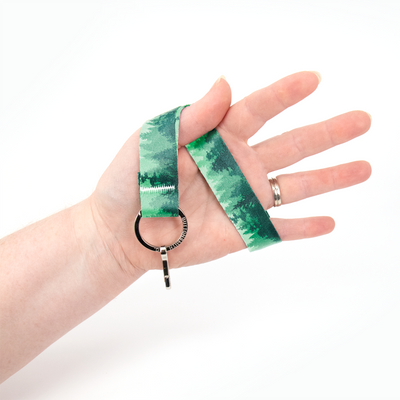 Green Trees Wristlet Lanyard - Short Length with Flat Key Ring and Clip - Made in the USA