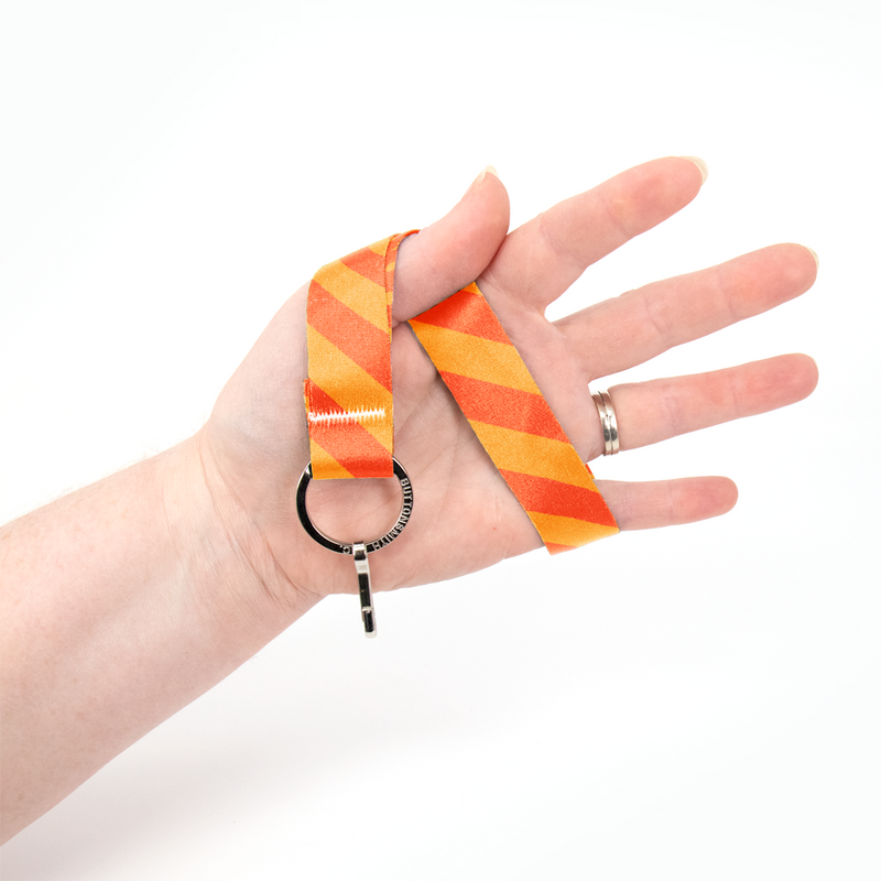 Orange Stripes Wristlet Lanyard - Short Length with Flat Key Ring and Clip - Made in the USA
