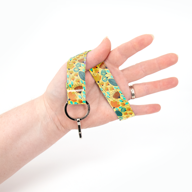 Orange & Aqua Flowers Wristlet Lanyard - Short Length with Flat Key Ring and Clip - Made in the USA