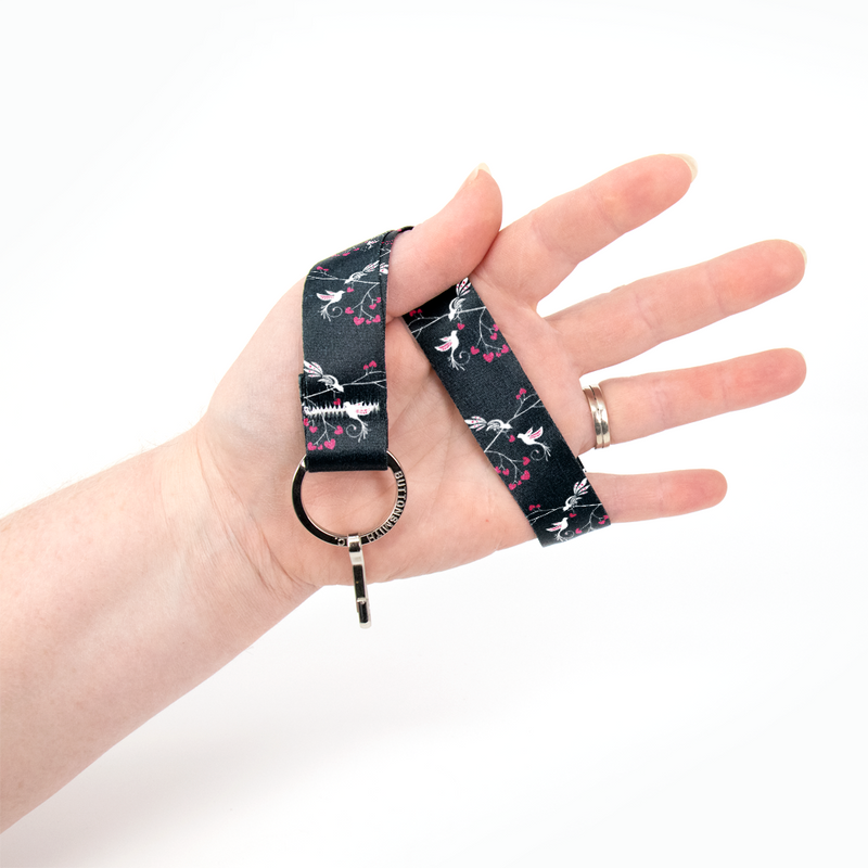 Love Birds Black Wristlet Lanyard - Short Length with Flat Key Ring and Clip - Made in the USA