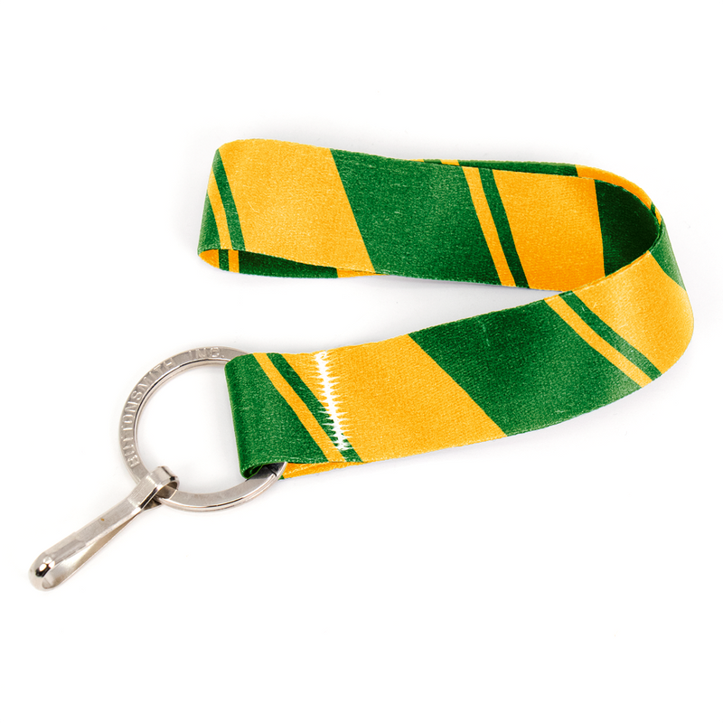 Green Yellow Stripes Wristlet Lanyard - Short Length with Flat Key Ring and Clip - Made in the USA