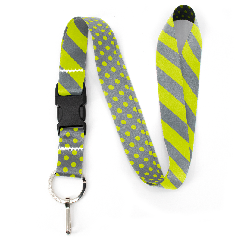 Pewter Lime Stripes Premium Lanyard - with Buckle and Flat Ring - Made in the USA