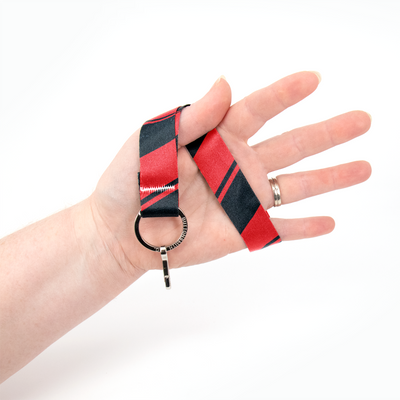 Red Black Stripes Wristlet Lanyard - Short Length with Flat Key Ring and Clip - Made in the USA