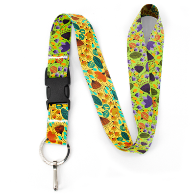 Green & Purple Flowers Premium Lanyard - with Buckle and Flat Ring - Made in the USA