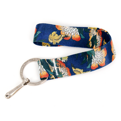 Hokusai Canary And Peony Wristlet Lanyard - Short Length with Flat Key Ring and Clip - Made in the USA