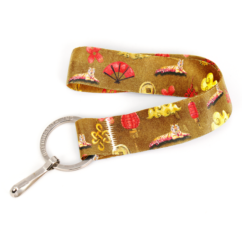 Zodiac Lunar Tiger Wristlet Lanyard - Short Length with Flat Key Ring and Clip - Made in the USA