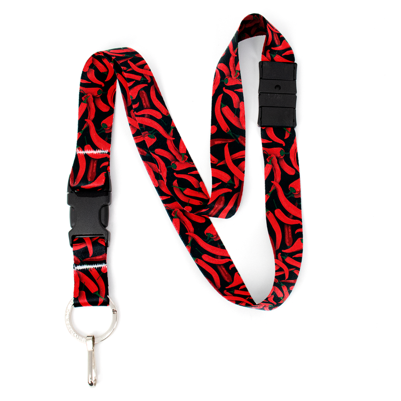 Chili Peppers Black Breakaway Lanyard - with Buckle and Flat Ring - Made in the USA