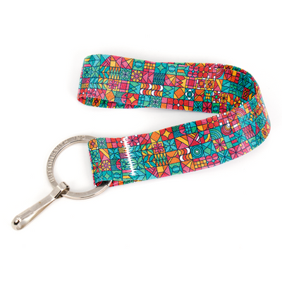 Geo Tiles Wristlet Lanyard - Short Length with Flat Key Ring and Clip - Made in the USA