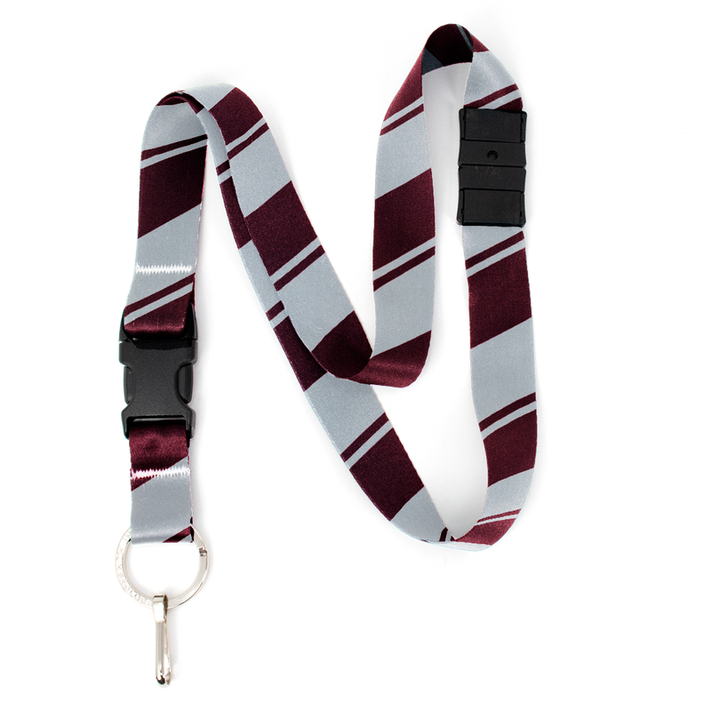 Maroon Grey Stripes Breakaway Lanyard - with Buckle and Flat Ring - Made in the USA