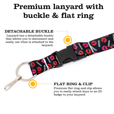 Kisses Black Premium Lanyard - with Buckle and Flat Ring - Made in the USA
