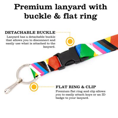 Rainbow Plus Pride Premium Lanyard - with Buckle and Flat Ring - Made in the USA