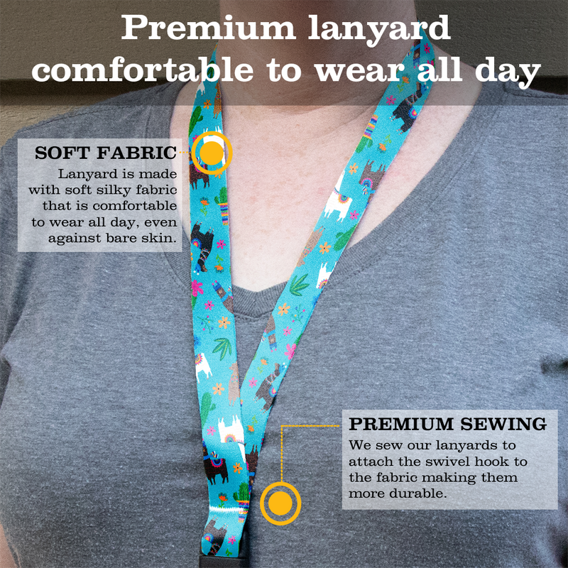 Llama Rama Blue Premium Lanyard - with Buckle and Flat Ring - Made in the USA