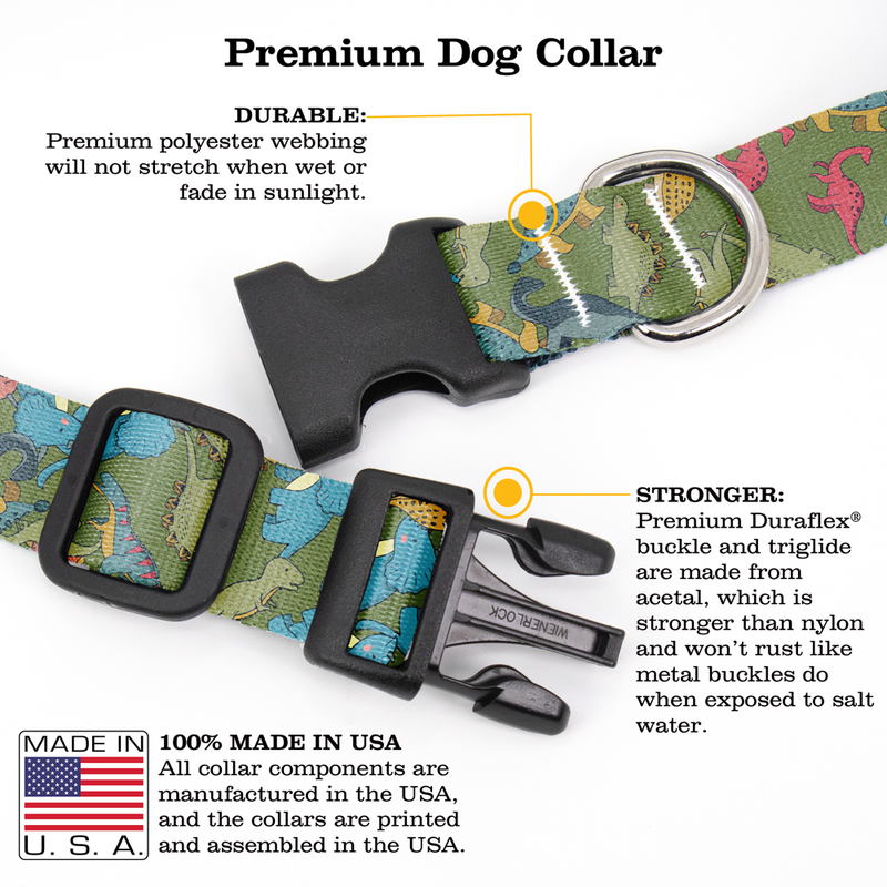 Dinosaurs Green Dog Collar - Made in USA