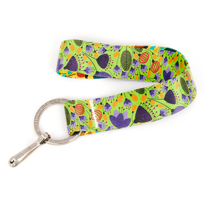 Green & Purple Flowers Wristlet Lanyard - Short Length with Flat Key Ring and Clip - Made in the USA