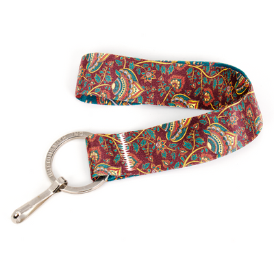 Kalimkari Red Wristlet Lanyard - Short Length with Flat Key Ring and Clip - Made in the USA