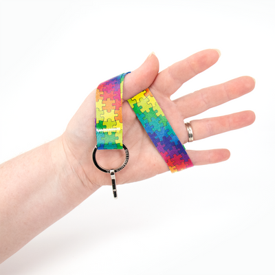 Rainbow Puzzle Wristlet Lanyard - Short Length with Flat Key Ring and Clip - Made in the USA