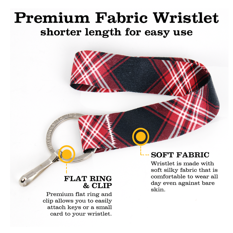 Tweedside Red Plaid Wristlet Lanyard - Short Length with Flat Key Ring and Clip - Made in the USA