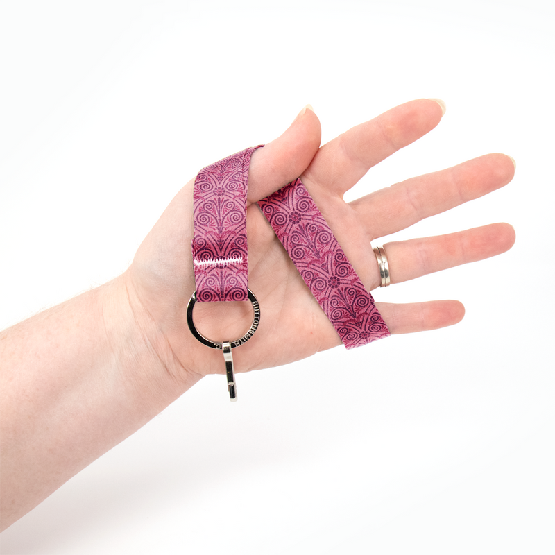 Greek Swirls Bougainviella Wristlet Lanyard - Short Length with Flat Key Ring and Clip - Made in the USA