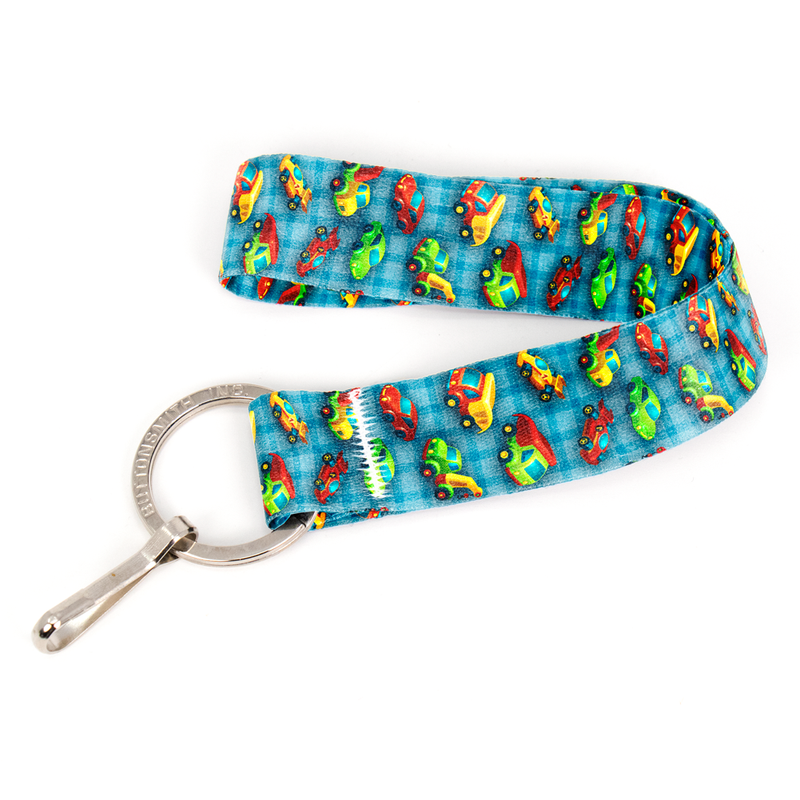 Toy Wheels Blue Wristlet Lanyard - Short Length with Flat Key Ring and Clip - Made in the USA