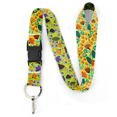 Orange Aqua Flowers Premium Lanyard - with Buckle and Flat Ring - Made in the USA