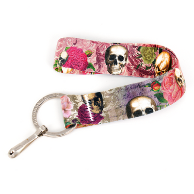 Skulls and Roses Wristlet Lanyard - Short Length with Flat Key Ring and Clip - Made in the USA
