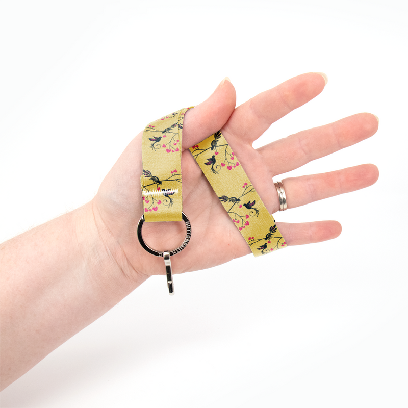Love Birds Gold Wristlet Lanyard - Short Length with Flat Key Ring and Clip - Made in the USA