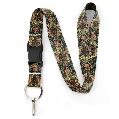 Morris Black Red Floral Premium Lanyard - with Buckle and Flat Ring - Made in the USA
