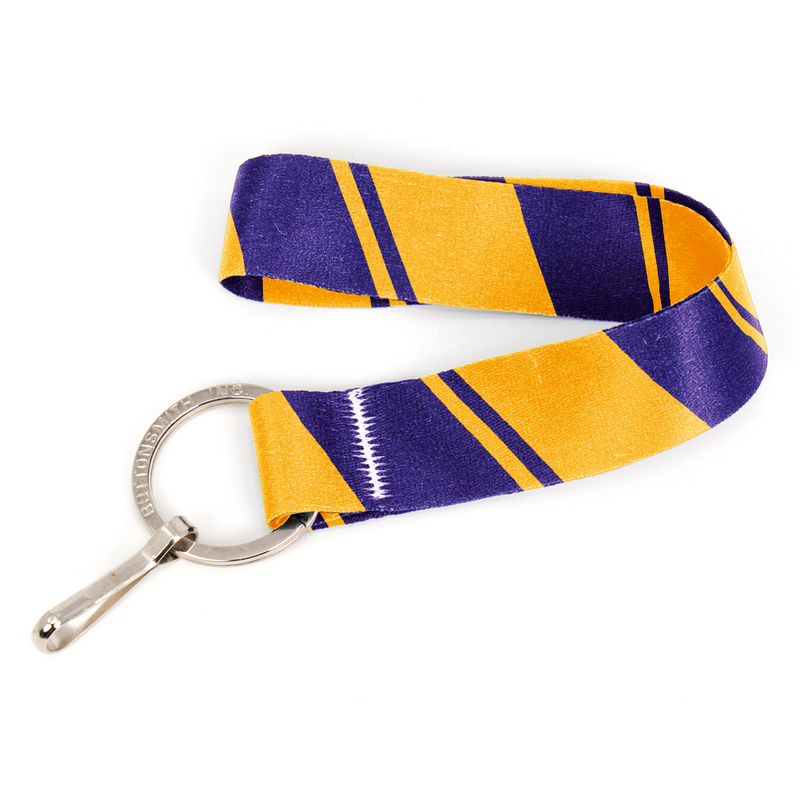 Purple Gold Stripes Wristlet Lanyard - Short Length with Flat Key Ring and Clip - Made in the USA