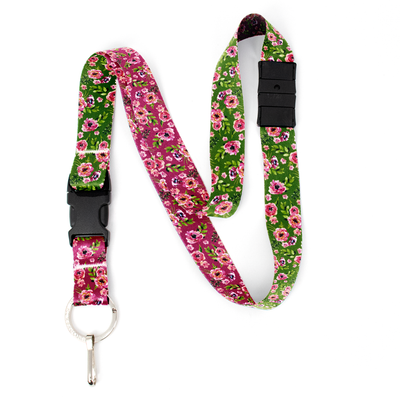 Peonies Green Breakaway Lanyard - with Buckle and Flat Ring - Made in the USA