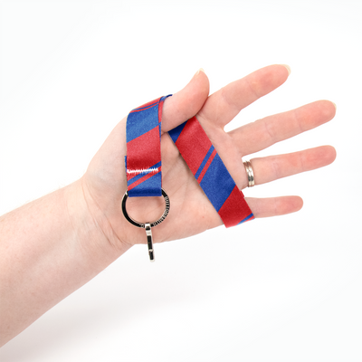 Blue Red Stripes Wristlet Lanyard - Short Length with Flat Key Ring and Clip - Made in the USA