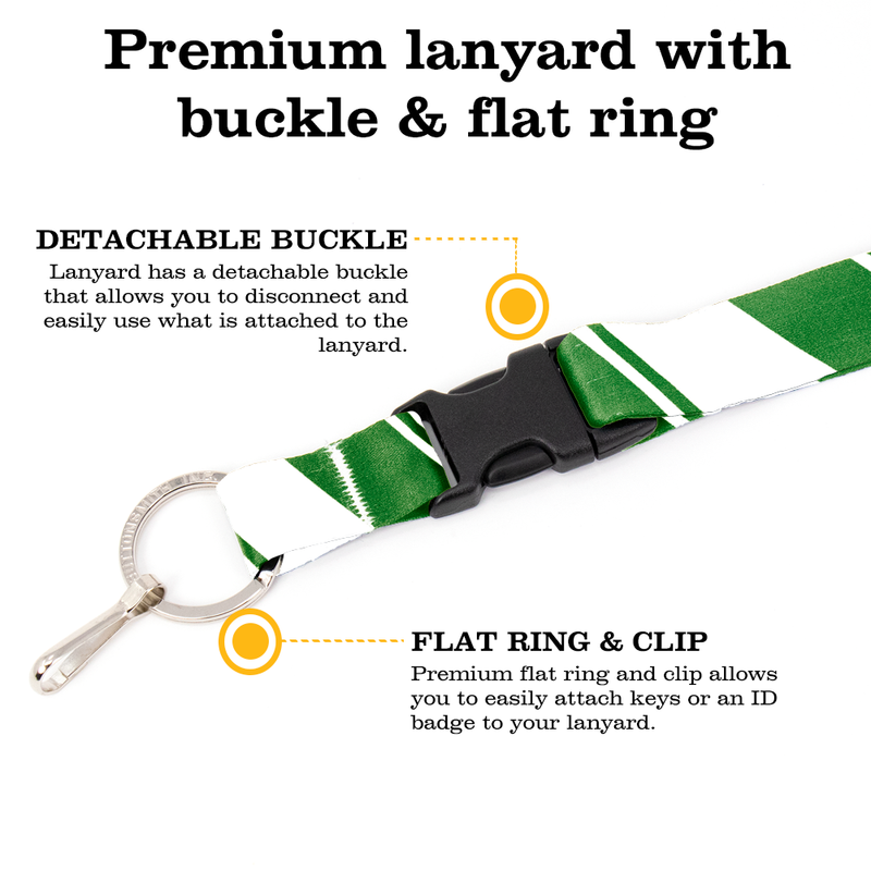Green White Stripes Premium Lanyard - with Buckle and Flat Ring - Made in the USA