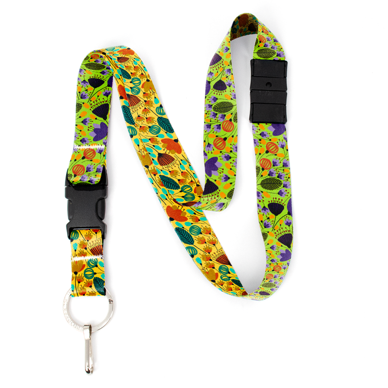 Green & Purple Flowers Breakaway Lanyard - with Buckle and Flat Ring - Made in the USA