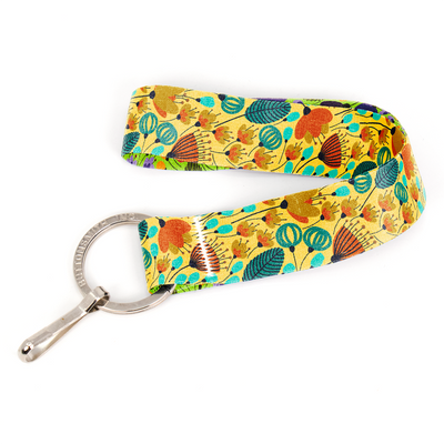 Orange & Aqua Flowers Wristlet Lanyard - Short Length with Flat Key Ring and Clip - Made in the USA