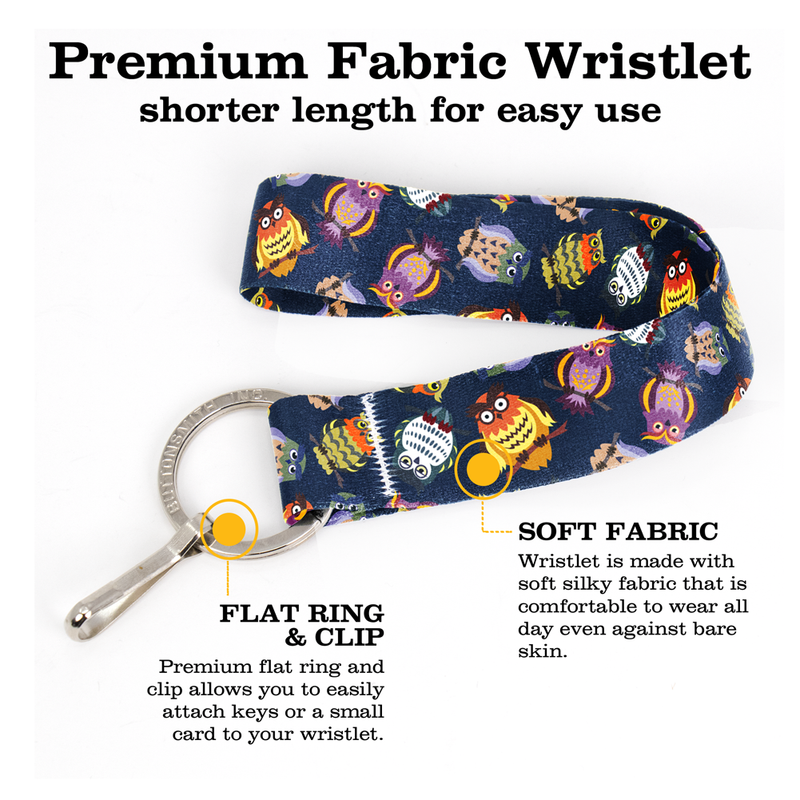 Wise Owls Wristlet Lanyard - Short Length with Flat Key Ring and Clip - Made in the USA