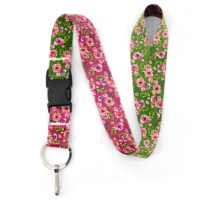 Peonies Green Premium Lanyard - with Buckle and Flat Ring - Made in the USA