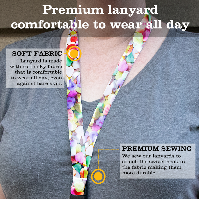 Conversation Hearts Premium Lanyard - with Buckle and Flat Ring - Made in the USA