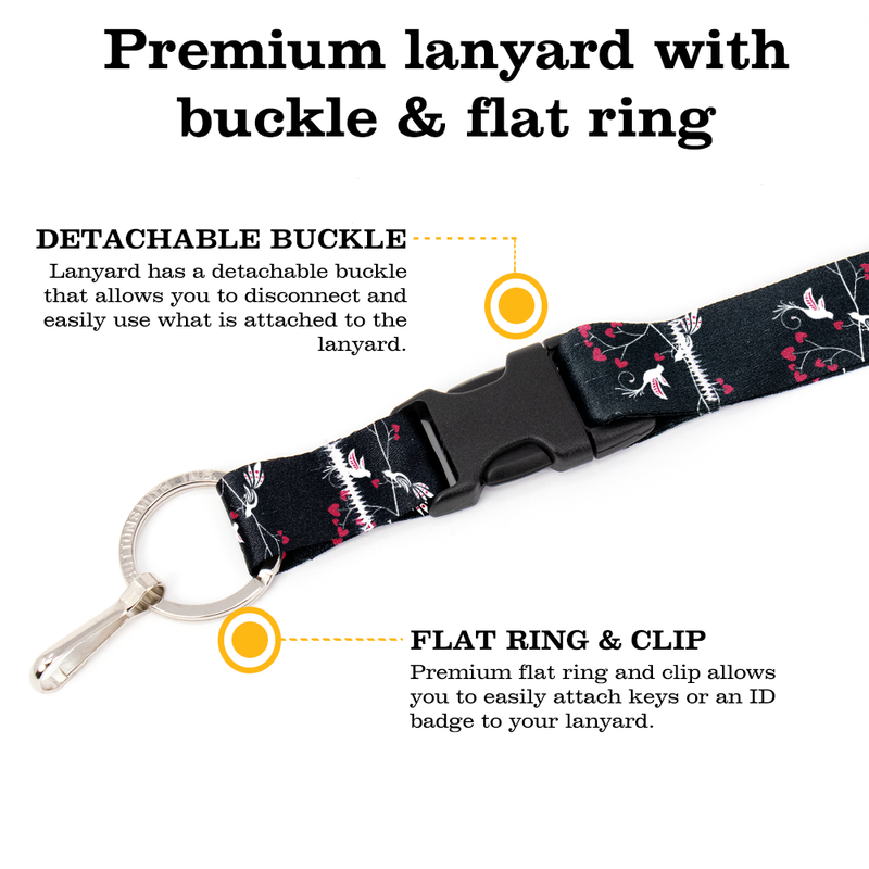 Lovebirds Black Premium Lanyard - with Buckle and Flat Ring - Made in the USA