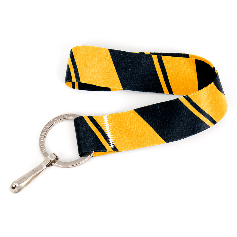 Black Yellow Stripes Wristlet Lanyard - Short Length with Flat Key Ring and Clip - Made in the USA