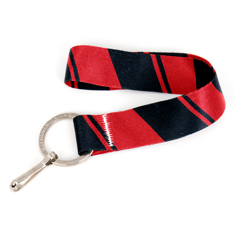 Red Black Stripes Wristlet Lanyard - Short Length with Flat Key Ring and Clip - Made in the USA