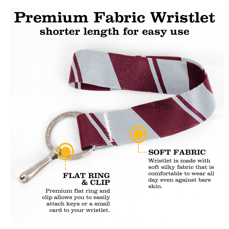 Maroon Grey Stripes Wristlet Lanyard - Short Length with Flat Key Ring and Clip - Made in the USA