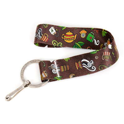 Tea Time Brown Wristlet Lanyard - Short Length with Flat Key Ring and Clip - Made in the USA