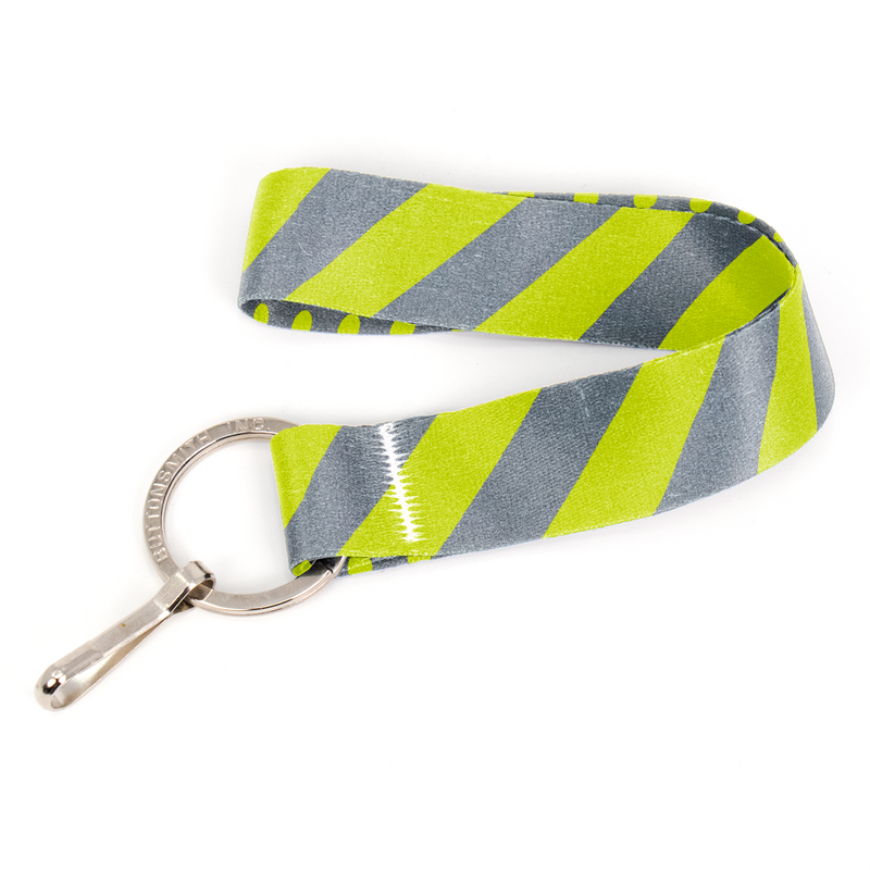 Pewter Lime Stripes Wristlet Lanyard - Short Length with Flat Key Ring and Clip - Made in the USA