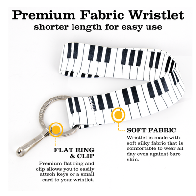 Piano Keys Wristlet Lanyard - Short Length with Flat Key Ring and Clip - Made in the USA